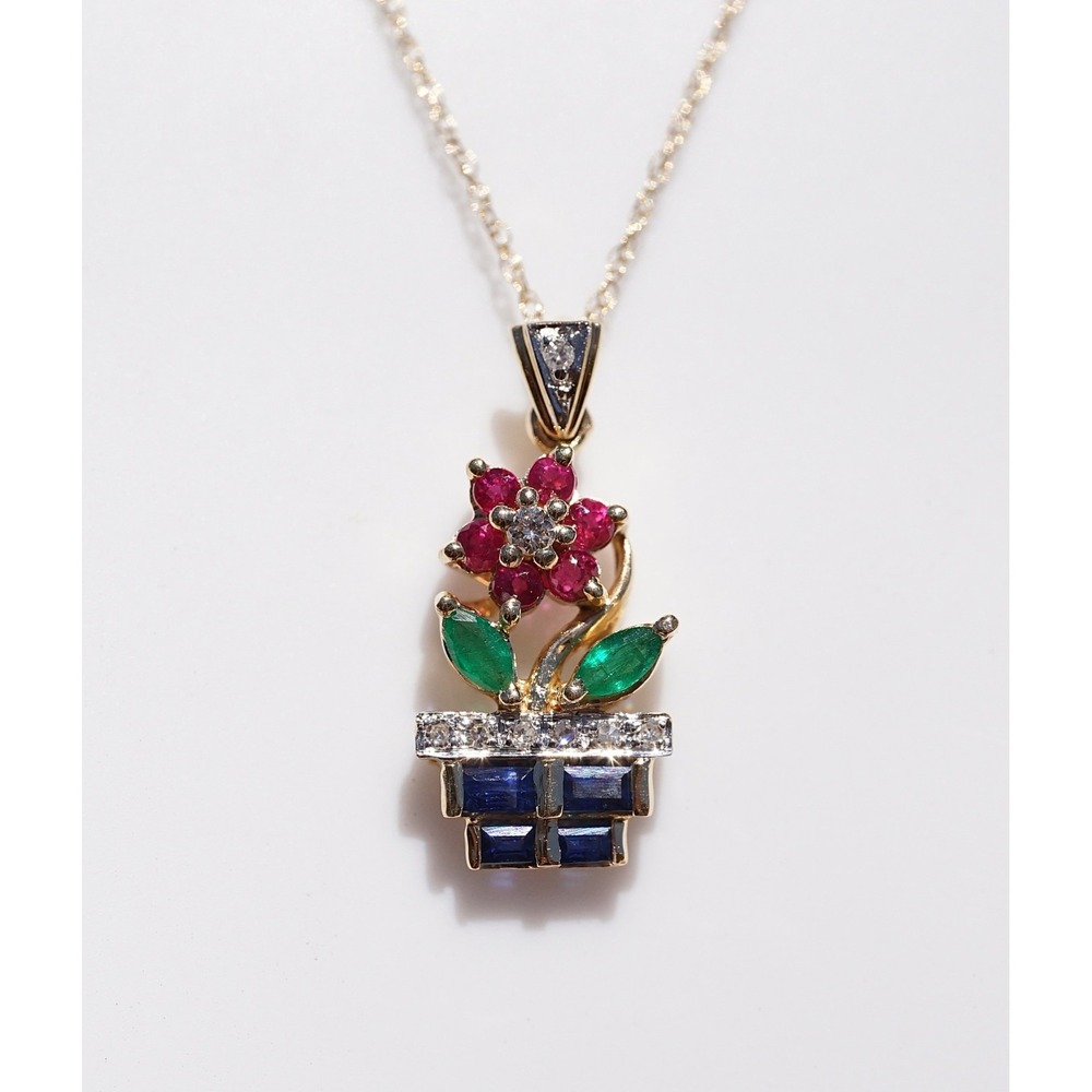 Vintage 14k Solid Gold Natural Diamond Ruby Emerald Sapphire Flower Vase Pendant